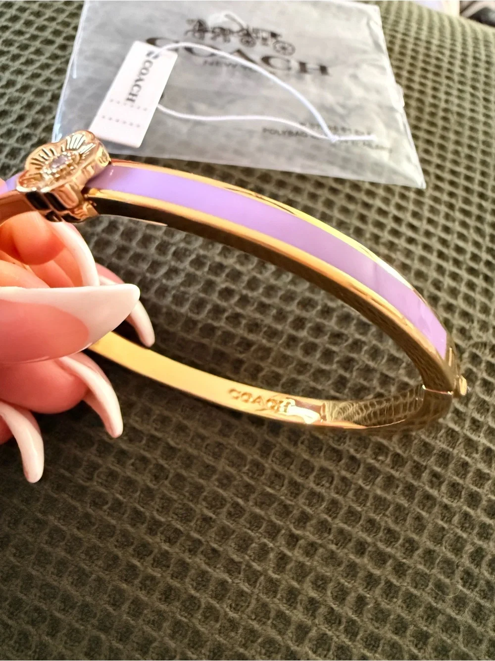 COACH Nia Floral Bracelet Gold-Tone Bangle with Lavender Enamel Flower Accent